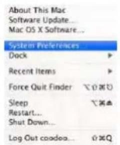 About This Mac Software Update... Mac OS X Software... System Preferences... Dock Recent Items Force Quit Finder Sleep Restart... Shut Down... Log Out coodeo...