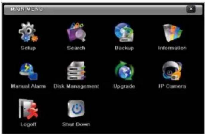 MAIN MENU Setup Search Backup Information Manual Alarm Disk Management Upgrade IP Camera Logoff Shut Down