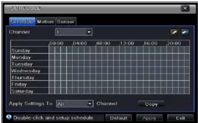 SCHEDULE Schedule Motion Sensor Channel 1 00:00 04:00 08:00 12:00 16:00 20:00 Sunday Monday Tuesday Wednesday Thursday Friday Saturday Apply Settings To All Channel Copy Double-click and setup schedule Default Apply Exit