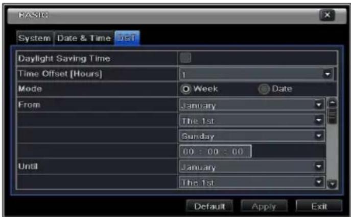 RASIC System Date & Time 1st Daylight Saving Time Time Offset [Hours] 1 Mode Week Date From January The 1st Sunday 00 : 00 : 00 Until January The 1st Default Apply Exit