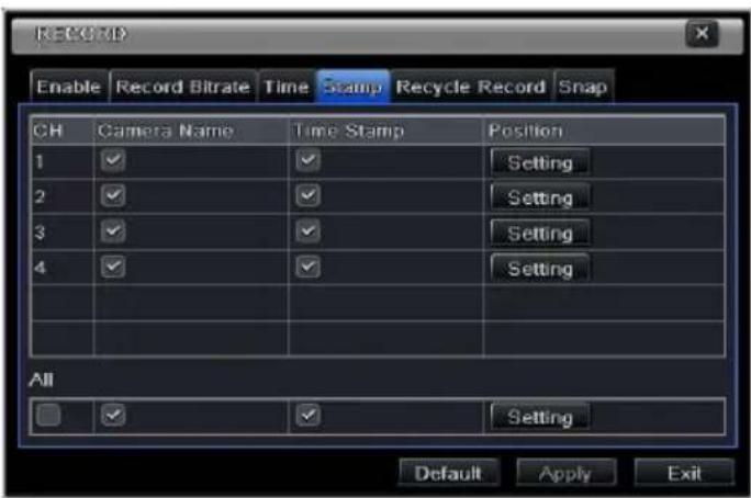 RECORD Enable Record Bitrate Time Stamp Recycle Record Snap CH Camera Name Time Stamp Position 1 ✓ ✓ Setting 2 ✓ ✓ Setting 3 ✓ ✓ Setting 4 ✓ ✓ Setting All ✓ ✓ Setting Default Apply Exit