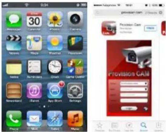 Screenshot of a mobile app interface showing calendar, media, and home screen with Provision CAM branding