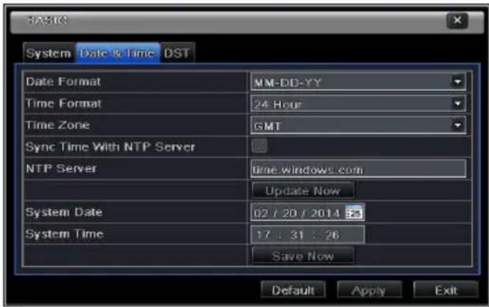 BASIC System Date & Time DST Date Format MM-DD-YY Time Format 24 Hour Time Zone GMT Sync Time With NTP Server NTP Server time.windows.com Update Now System Date 02 / 20 / 2014 System Time 17 : 31 : 26 Save Now Default Apply Exit