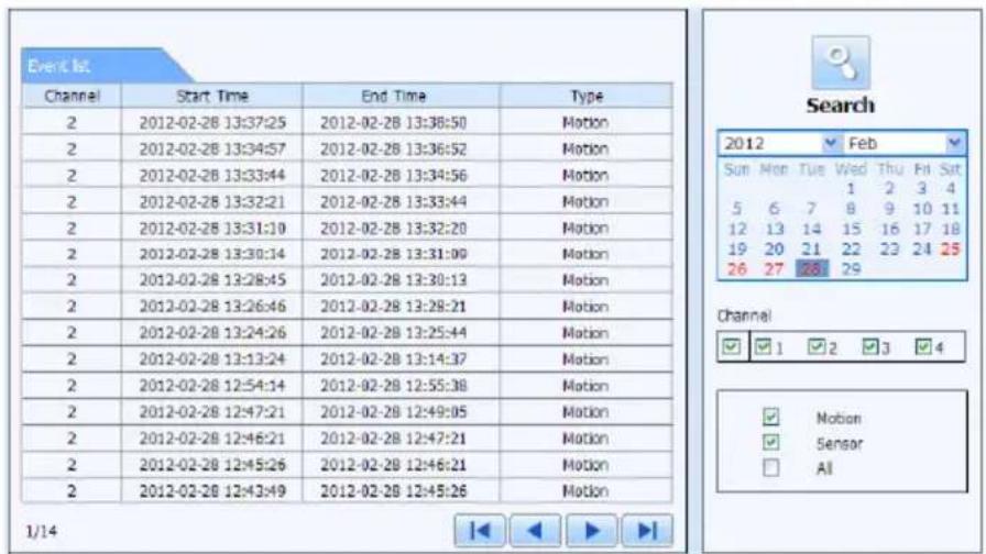 Event list Channel Start Time End Time Type 2 2012-02-28 13:37:25 2012-02-28 13:38:50 Motion 2 2012-02-28 13:34:57 2012-02-28 13:36:52 Motion 2 2012-02-28 13:33:44 2012-02-28 13:34:56 Motion 2 2012-02-28 13:32:21 2012-02-28 13:33:44 Motion 2 2012-02-28 13:31:10 2012-02-28 13:32:20 Motion 2 2012-02-28 13:30:14 2012-02-28 13:31:09 Motion 2 2012-02-28 13:28:45 2012-02-28 13:30:13 Motion 2 2012-02-28 13:26:46 2012-02-28 13:28:21 Motion 2 2012-02-28 13:24:26 2012-02-28 13:25:44 Motion 2 2012-02-28 13:13:24 2012-02-28 13:14:37 Motion 2 2012-02-28 12:54:14 2012-02-28 12:55:38 Motion 2 2012-02-28 12:47:21 2012-02-28 12:49:05 Motion 2 2012-02-28 12:46:21 Motion 2 2012-02-28 12:47:21 Motion 2 2012-02-28 12:45:26 Motion 2 2012-02-28 12:46:21 Motion 2 2012-02-28 12:45:49 Motion Search Sun Mon Tue Wed Thu Fri Sat 5 6 7 8 9 10 11 12 13 14 15 16 17 18 19 20 21 22 23 24 25 26 27 28 29 Channel ✓ 1 ✓ 2 ✓ 3 ✓ 4 ✓ Motion ✓ Sensor ☐ All