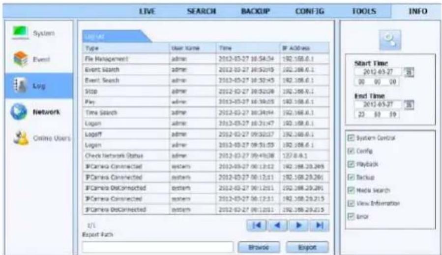 LIVE SEARCH BACKUP CONFIG TOOLS INFO System Event Log Network Online Users LIME AT Type User Name Time B: AOS/ua File Management admin 2012-03-27 10:54:34 192.168.0.1 Event Search admin 2012-03-27 10:52:05 192.168.0.1 Event Search admin 2012-03-27 10:52:45 192.168.0.1 Stop admin 2012-03-27 10:52:08 192.168.0.1 Play admin 2012-03-27 10:59:05 192.168.0.1 Time Search admin 2012-03-27 10:34:54 192.168.0.1 Logan admin 2012-03-27 10:31:47 192.168.0.1 Logoff admin 2012-03-27 09:30:37 192.168.0.1 Logan admin 2012-03-27 09:51:05 192.168.0.1 Check Network Status admin 2012-03-27 09:49:08 137.8.8.1 PCamera Connected system 2012-03-27 09:13:12 192.168.29.285 PCamera Connected system 2012-03-27 09:13:11 192.168.29.285 PCamera Disconnected system 2012-03-27 09:12:11 192.168.29.285 PCamera Connected system 2012-03-27 09:12:31 192.168.29.215 PCamera Disconnected system 2012-03-27 09:12:11 192.168.29.215 t/L Export Path Browse Export Start Time 2012-03-27 End Time 2012-03-27 System Control Config Playback Backup Media Search View Information error