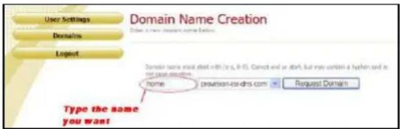 User Settings Domains Logout Domain Name Creation Browse a new domain name below. Domain name must depart with (e.g. R-15). Cannot end or abort, but may contain a header and is not case executive. Home: prawson-raydros.com Request Domain Type the name you want