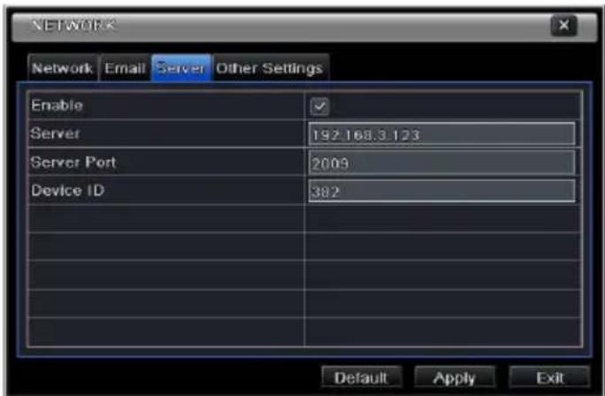 NETWORK Network Email Server Other Settings Enable ✓ Server 192.168.3.123 Server Port 2009 Device ID 382 Default Apply Exit