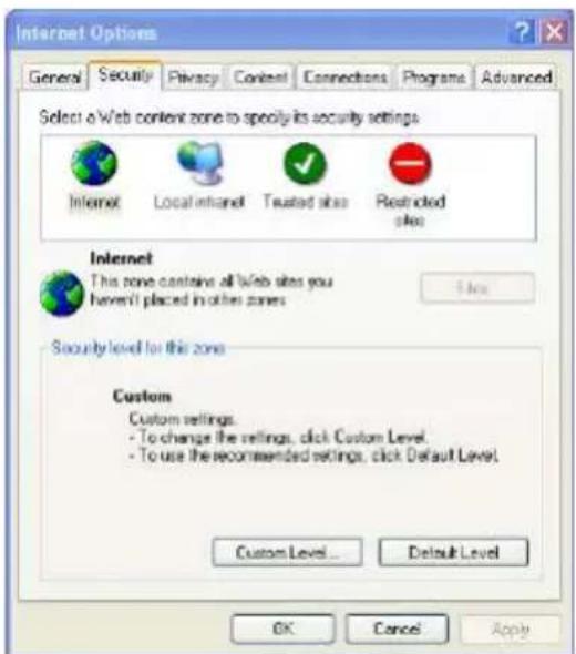 Internet Options General Security Privacy Content Connections Programs Advanced Select a Web content zone to specify its security settings. Internet Local Intranet Trusted sites Restricted sites Internet This zone contains all Web sites you haven't placed in other zones Security level for this zone Custom Custom settings. - To change the settings, click Custom Level. - To use the recommended settings, click Default Level. Custom Level... Default Level OK Cancel Apply