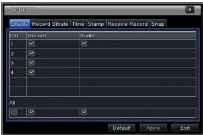 RECORD Enable Record Bitrate Time Stamp Recycle Record Snap CH Record Audio 1 ✓ ✓ 2 ✓ 3 ✓ 4 ✓ All Default Apply Exit