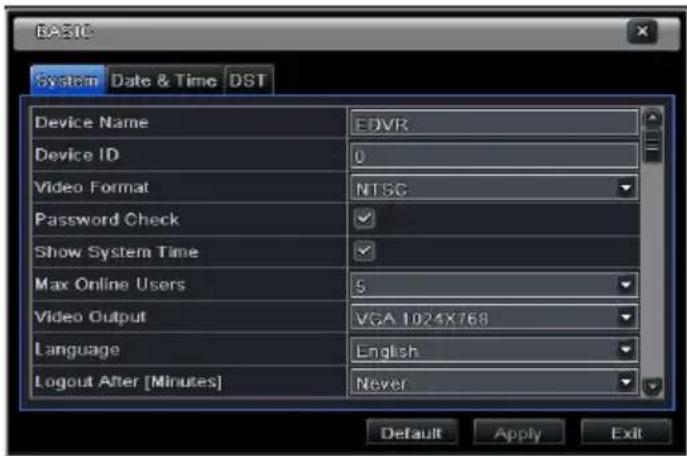 BASIC System Date & Time DST Device Name EDVR Device ID 0 Video Format NTSC Password Check ✓ Show System Time ✓ Max Online Users 5 Video Output VGA 1024X768 Language English Logout After [Minutes] Never Default Apply Exit