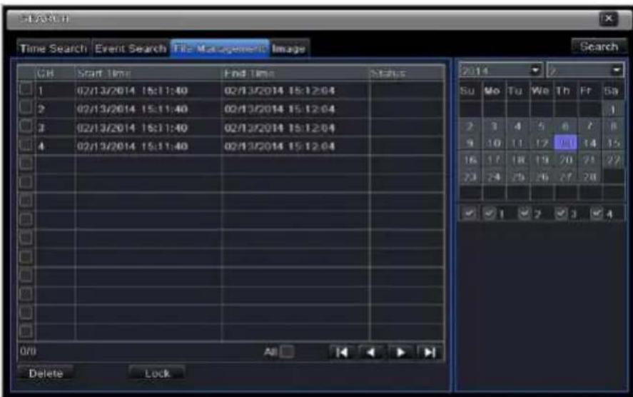 Time Search Event Search File Management Image GB Start Time End Time Status 1 02/13/2014 15:11:40 02/13/2014 15:12:04 2 02/13/2014 15:11:40 02/13/2014 15:12:04 3 02/13/2014 15:11:40 02/13/2014 15:12:04 4 02/13/2014 15:11:40 02/13/2014 15:12:04 Su Mo Tu We Th Fr Sa 2 3 4 5 6 7 8 9 10 11 12 13 14 15 16 17 18 19 20 21 22 23 24 25 26 27 28 ✓ 1 ✓ 2 ✓ 3 ✓ 4 Delete Lock