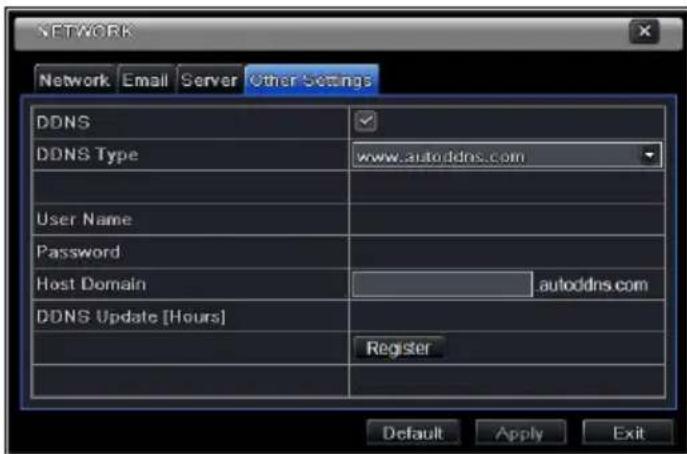 NETWORK Network Email Server Other Settings DDNS DDNS Type www.autoddns.com User Name Password Host Domain autoddns.com DDNS Update [Hours] Register Default Apply Exit