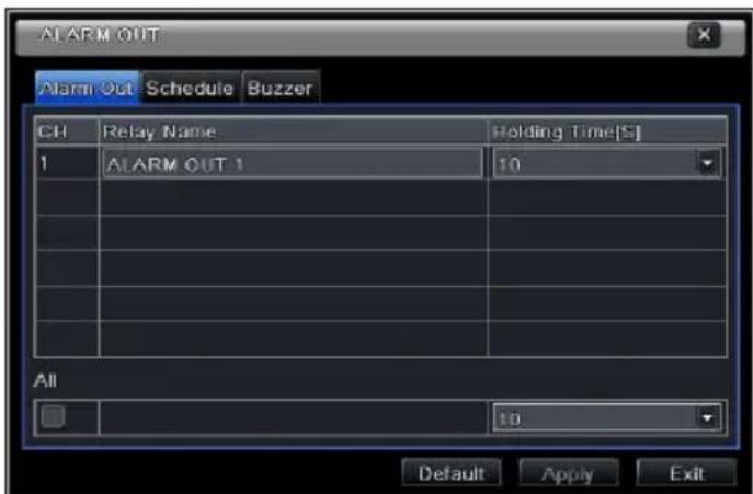 ALARM OUT Alarm Out Schedule Buzzer CH Relay Name Holding Time[S] 1 ALARM OUT 1 10 All 10 Default Apply Exit