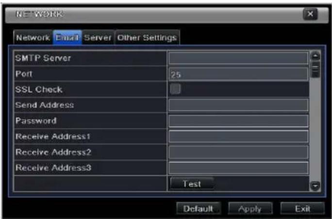 NETWORK Network Email Server Other Settings SMTP Server Port 25 SSL Check Send Address Password Receive Address1 Receive Address2 Receive Address3 Test Default Apply Exit