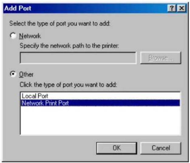 Add Port Select the type of port you want to add: Network Specify the network path to the printer: Browse... Other Click the type of port you want to add: Local Port Network Print Port OK Cancel