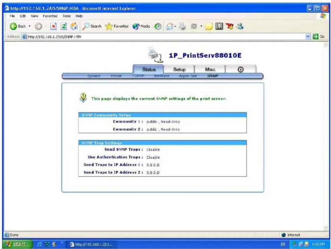 http://192.168.1.2/US/SNMP.HTM - Microsoft Internet Explorer File Edit View Favorites Tools Help Back Search Favorites Media Address http://192.168.1.2/US/SNMP.HTM 1P_PrintServ88010E Status Setup Misc System Printer TCP/IP NetWare Apple Talk SNMP This page displays the current SNMP settings of the print server. SNMP Community Setup Community 1 : public , Read-Only Community 2 : public , Read-Only SNMP Trap Settings Send SNMP Traps : Disable Use Authentication Trops : Disable Send Traps to IP Address 1 : 0.0.0.0 Send Traps to IP Address 2 : 0.0.0.0 Done start http://192.168.1.2/U... EN 5:02 PM