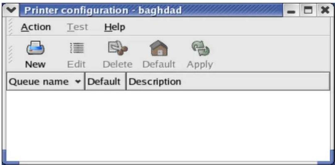 Printer configuration - baghdad Action Test Help New Edit Delete Default Apply Queue name Default Description