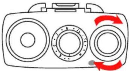 Diagram of a portable radio with three main dials and red circular arrows indicating rotation or signal flow.