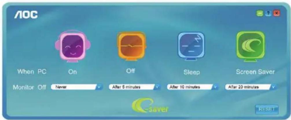 AOC When PC On Off Sleep Screen Saver Monitor Off Never After 5 minutes After 10 minutes After 20 minutes C-Saver RESET