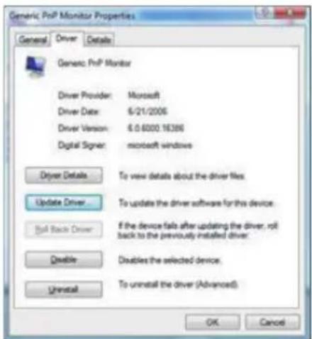 Generic PnP Monitor Properties General Driver Details Generic PnP Monitor Driver Provider: Microsoft Driver Date: 6/21/2006 Driver Version: 6.0.6000.16386 Digital Signar: microsoft windows Driver Details To view details about the driver files. Update Driver To update the driver software for this device. Mail Back Driver If the device fails after updating the driver, roll back to the previously installed driver. Disable Disables the selected device. Uninstall To uninstall the driver (Advanced) OK Cancel
