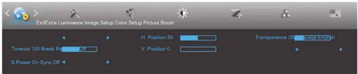 OSD Setup ExitExtra Luminance Image Setup Color Setup Picture Boost Timeout 120 Break Rel Off S.Power On Sync Off H. Position 50 V. Position 0 Transparence 25 language English