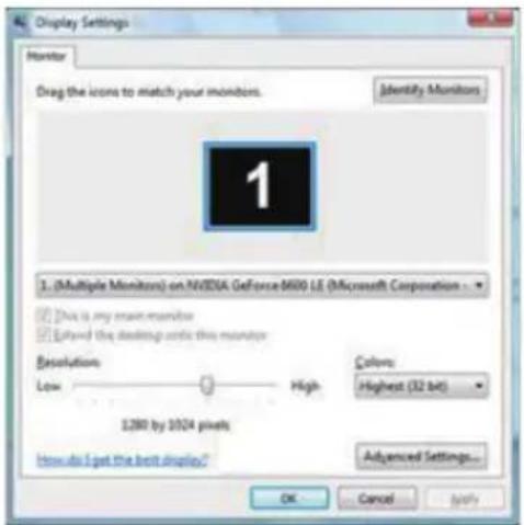 Display Settings Monitor Drag the icons to match your monitors. Identify Monitors 1 (Multiple Monitors) on NVIDIA GeForce M80 LE (Microsoft Corporation) This is my main monitor Used the desktop onto this monitor Resolution Low High 1200 by 1024 pixels Colors: Highest (32 bit) How do I get the best display? Advanced Settings... OK Cancel Apply