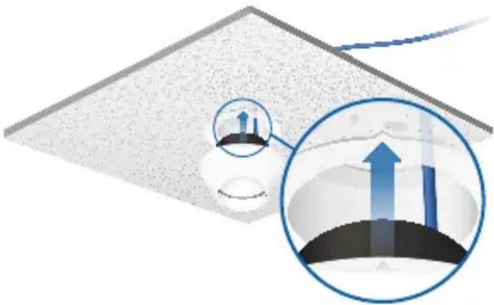 Diagram of a ceiling structure with an inset showing upward arrows and a magnified circular detail (no text or symbols)