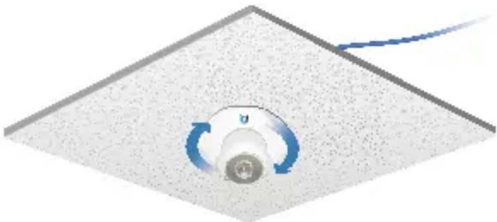 Top-down view of a ceiling-mounted air vent with a blue curved arrow indicating airflow direction (no text or symbols)