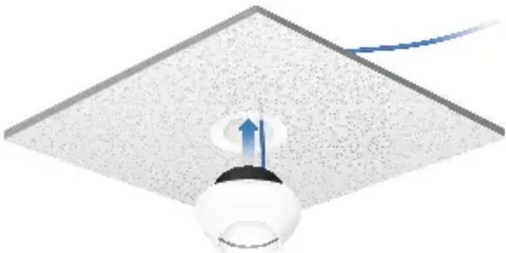 Diagram of a ceiling-mounted lamp with a blue upward arrow indicating light emission (no text or symbols)