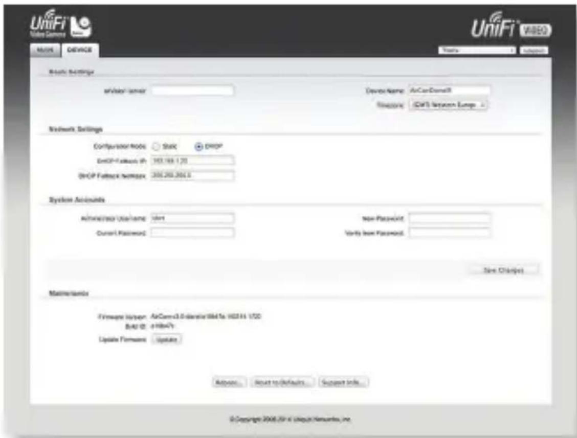 UniFi Video Control MENU DEVICE Tools Advanced Basic Settings Advisor server Device Name: AirCanDormall Filepath: CAT's Internet Europe Network Settings Configurator Mode: Static DHCP DNSP Fablebox IP: 103.168.120 DNSP Fablebox Network: 206.200.200.2 System Accounts Administrator Usname: short Curre…