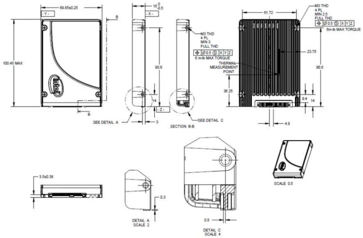 69.85±0.25 Y- B 100.45 MAX B 15 0 -0.5 -X - 90.6 14 -Z- SEE DETAIL A SECTION B-B M3 THD 4 PL MIN 3 FULL THD Ø 0.5 X Y Z 6 in-lb MAX TORQUE M3 THD 4 PL MIN 2.5 FULL THD Ø 0.5 X Y Z 6in-lb MAX TORQUE 23.75 90.6 36.25 9.4 14 4.8 3.5±0.38 DETAIL A SCALE 2 DETAIL C SCALE 4 SCALE 0.5