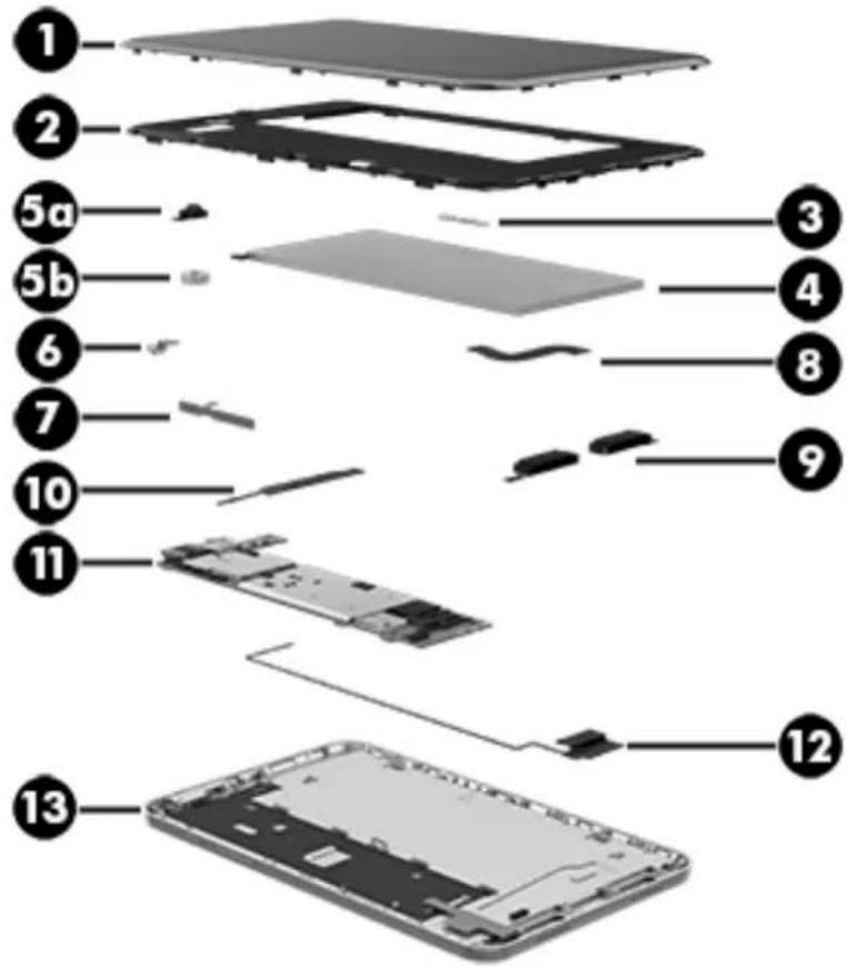 Exploded view diagram of a smartphone showing internal components with numbered labels.