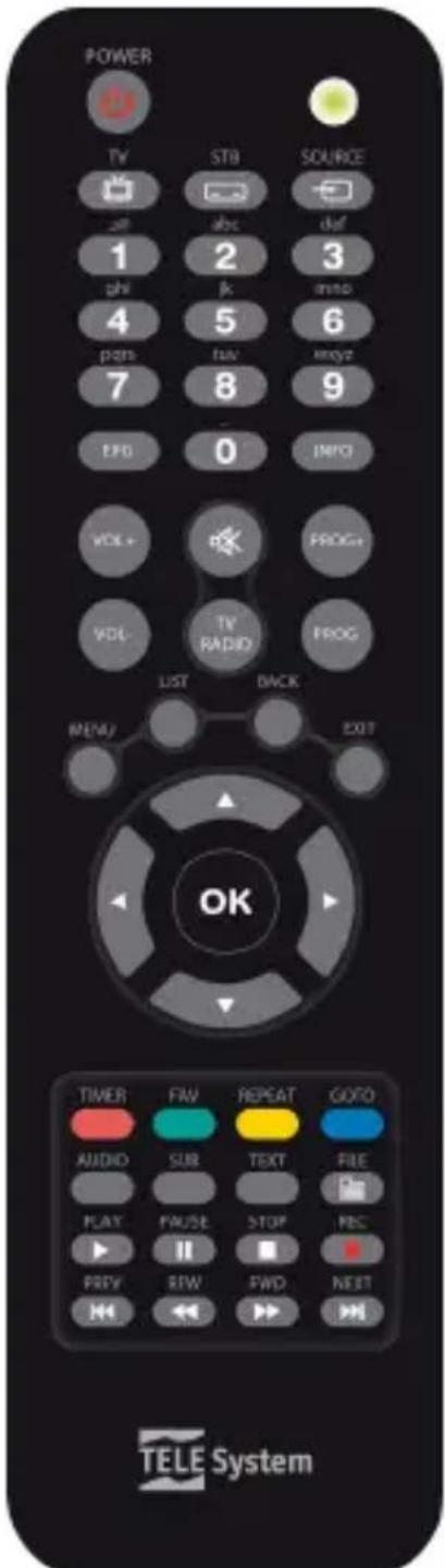POWER TV STB SOURCE 1 2 3 ghijk info 4 5 6 passBIN ISO 7 8 9 EFG 0 INFO VOL+ PROG+ VOL TV RADIO FROG LISTBACK NEW/ CN EXIT OK TIMER FAV REPEAT GOTO AUDIO SUB(TEXT File PLAY FRADE SSTOP REC FRY RW FWD NEXT H&R << >> >> TELE System