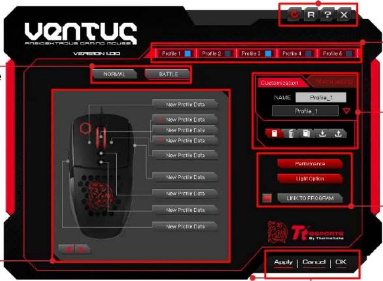 VENTUS ANSIDEHTROUS DRAMING MOUSE VERSION 1.00 Profile 1 Profile 2 Profile 3 Profile 4 Profile 5 NORMAL BATTLE New Profile Data New Profile Data New Profile Data New Profile Data New Profile Data New Profile Data New Profile Data New Profile Data New Profile Data New Profile Data Customization NAME Profile_1 Profile_1 Performance Light Option LINK TO EEPROM TPEPPORTS By Thermostats Apply Cancel OK
