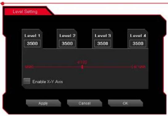 Level Setting Level 1 3500 Level 2 3500 Level 3 3500 Level 4 3500 4100 ≤100 Enable X-Y Axis Apply Cancel OK