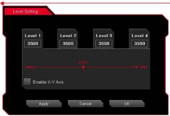 Level Setting Level 1 3500 Level 2 3500 Level 3 3500 Level 4 3500 4100 E-100 Enable X-Y Axis Apply Cancel OK