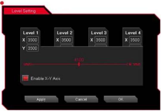 Level Setting Level 1 X 3500 Level 2 X 3500 Level 3 X 3500 Level 4 X 3500 Y 3500 4100 E=100% Enable X-Y Axis Apply Cancel OK