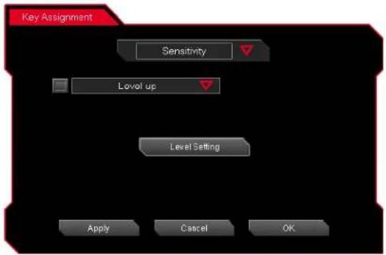 Key Assignment Sensitivity Level up Level Setting Apply Cancel OK