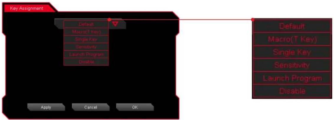 Key Assignment Default Macro(T Key) Single Key Sensitivity Launch Program Disable Apply Cancel OK Default Macro(T Key) Single Key Sensitivity Launch Program Disable