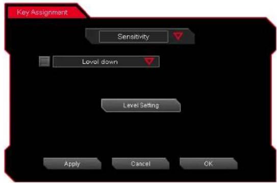 Key Assignment Sensitivity Level down Level Setting Apply Cancel OK