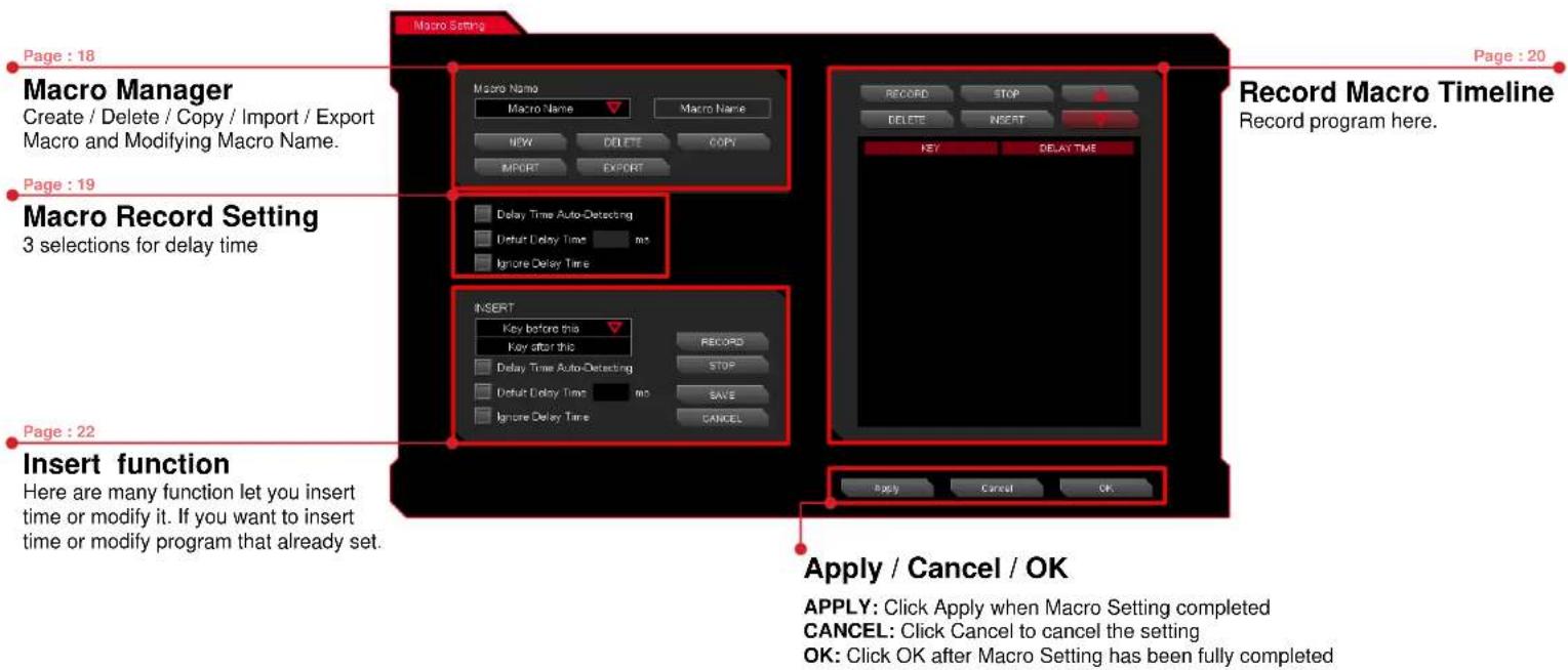 Macro Setting Page : 18 Macro Manager Create / Delete / Copy / Import / Export Macro and Modifying Macro Name. Page : 19 Macro Record Setting 3 selections for delay time Page : 22 Insert function Here are many function let you insert time or modify it. If you want to insert time or modify program that already set. Record Macro Timeline Record program here. RECORD STOP DELETE INSERT KEY DELAY TIME INSERT Key before this Key after this RECORD STOP Delay Time Auto-Detecting Default Delay Time ms Ignore Delay Time SAVE CANCEL Apply Cancel OK Apply / Cancel / OK APPLY: Click Apply when Macro Setting completed CANCEL: Click Cancel to cancel the setting OK: Click OK after Macro Setting has been fully completed