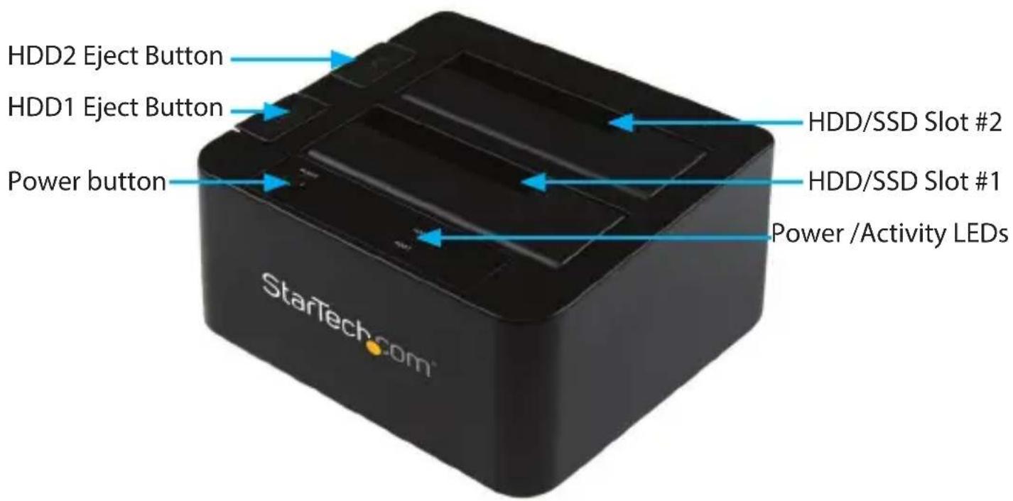 HDD2 Eject Button HDD1 Eject Button Power button HDD/SSD Slot #2 HDD/SSD Slot #1 Power /Activity LEDs StarTech.com®