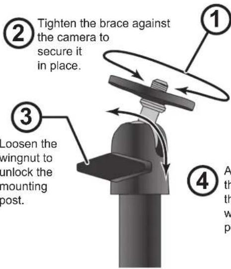 ② Tighten the brace against the camera to secure it in place. ③ Loosen the wingnut to unlock the mounting post. ① ④ A th th w p
