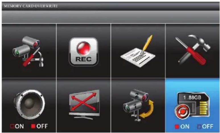 MEMORY CARD OVERWRITE REC ON OFF 1.88GB ON OFF
