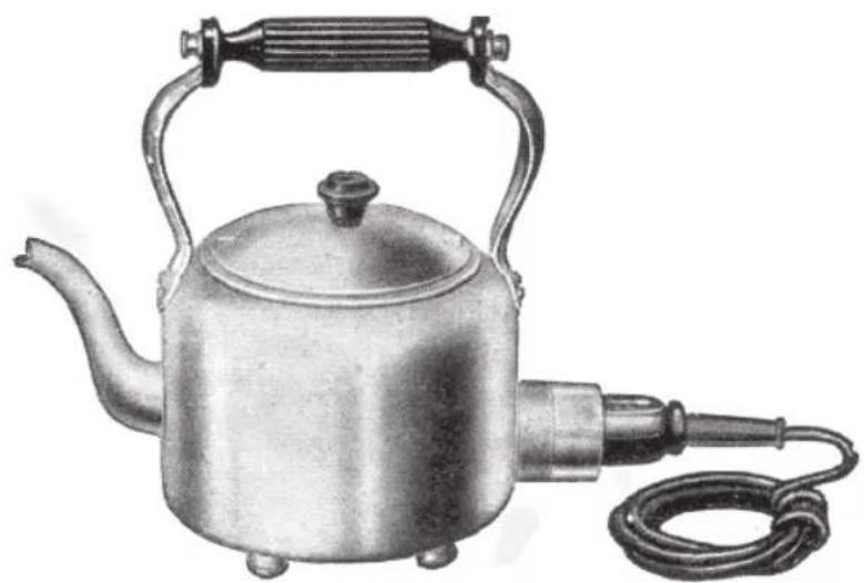 Vintage metal kettle with attached coiled cable, no visible text or symbols