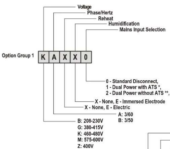 Option Group 1 K A X X 0 Voltage Phase/Hertz Reheat Humidification Mains Input Selection 0 - Standard Disconnect, 1 - Dual Power with ATS *, 2 - Dual Power without ATS **, X - None, E - Immersed Electrode X - None, E - Electric A: 3/60 B: 3/50 B: 208-230V G: 380-415V K: 460-480V M: 575-600V Z: 400V