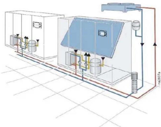 Technical schematic diagram of a water treatment or cooling system with labeled components and piping connections