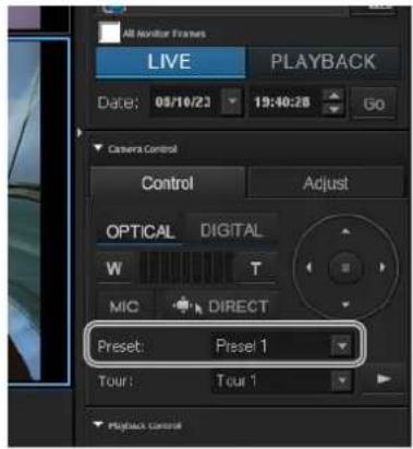 All monitor frames LIVE PLAYBACK Date: 09/10/23 19:40:28 Go Camera Control Control Adjust OPTICAL DIGITAL W T MIC DIRECT Preset: Presel 1 Tour: Tour 1 Playback control