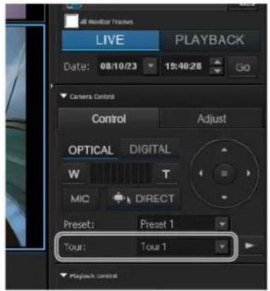 All Monitor Frames LIVE PLAYBACK Date: 08/10/23 15:40:28 Go Camera Control Control Adjust OPTICAL DIGITAL W T MIC DIRECT Preset: Preset 1 Tour: Tour 1 Playback Control