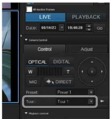 All Monitor Frames LIVE PLAYBACK Date: 09/10/23 19:40:28 Go Camera Control Control Adjust OPTICAL DIGITAL W T MIC DIRECT Preset: Presel 1 Tour: Tour 1 Playback control